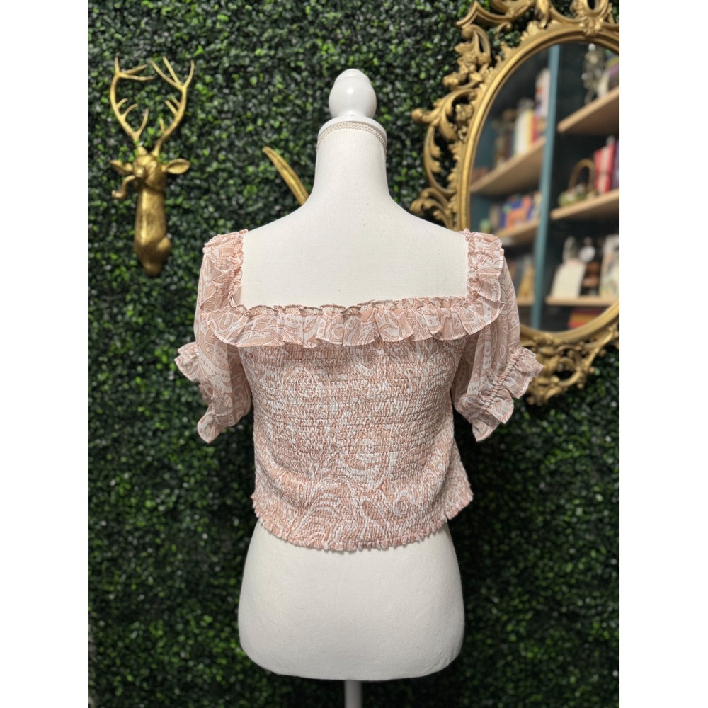 Express Smocked Peasant Blouse Crop Top Pink Paisley Ruffle Cottagecore M - Picture 4 of 7
